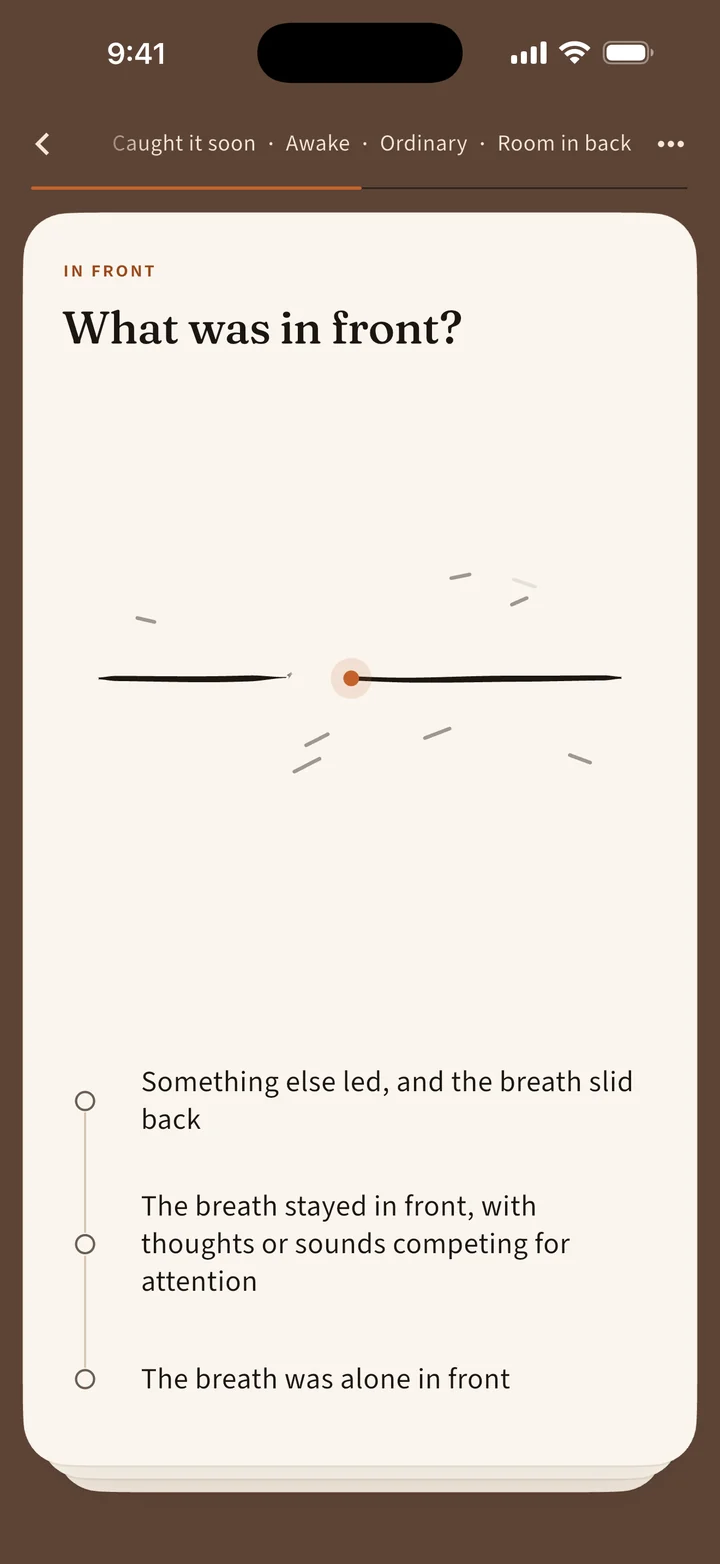 A check-in question in Noticed: What was in front? Three answers, from something else led to the breath was alone in front.