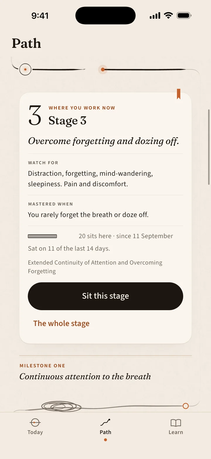 The Path screen in Noticed: Stage 3, where you work now, with what to watch for, when it is mastered, and how many sits landed there.