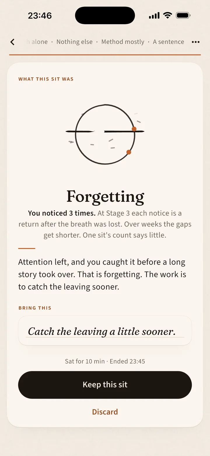 A check-in result in Noticed: the sit is named Forgetting, with what to try next and the sentence to bring to the next sit.