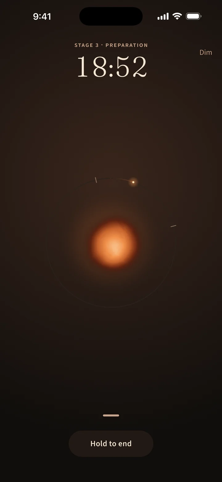 The sit screen of Noticed: a dark surface, a glowing ember at the centre, Stage 3 preparation, a clock reading 18:52, and a Hold to end button.